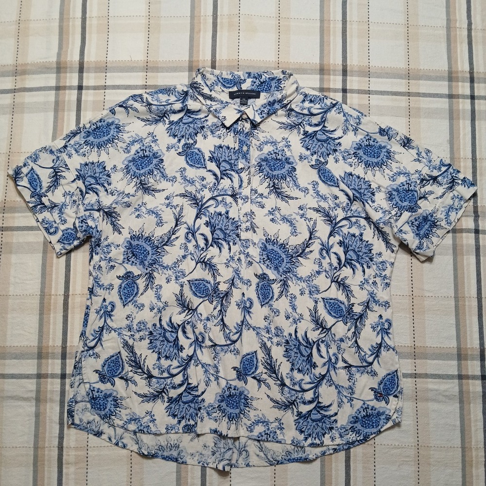 Tommy Hilfiger Men's 2XL White Blue Hawaiian Linen Blend Short Sleeve Polo Shirt - Picture 3 of 8